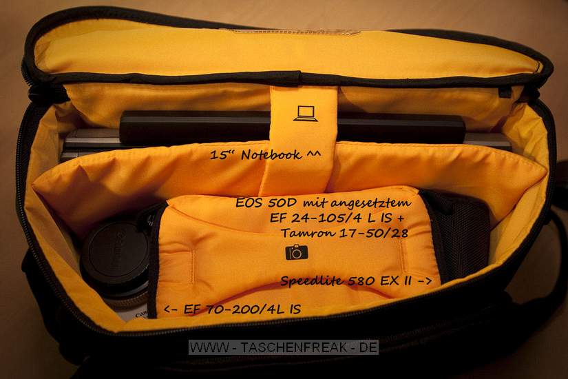 KATA DB-455\n\nFoto und Kommentar von Michael (Moge) - VIELEN DANK!\n\nKommentar:\n\nHallo Jrg,\n \nanbei ein paar Bilder fr Deine Taschenfreak-Seite von der Kata DB-455, die bei Dir ja noch ganz fehlt. Ich hoffe mal, dass es eine sinnvolle Ergnzung fr die Seite ist.\n \nIch habe die Tasche selber im Juli bekommen und mit im Urlaub gehabt. Dort rein passen eine SLR im Format einer 50D (oder D300) mit angesetzter Optik (bei mir das 24-105/4L) und mit in die In-Tasche eine weitere Optik (bei mir ein Tamron 17-50/2.8). Auf der einen Seite passt gut noch eine Tele-Objektiv daneben, auf der anderen Seite eine weitere Optik oder ein Blitz. Dazu ist noch ein Notebookfach fr Notebooks bis 15". Vorne passt dazu noch Kleinkram, Schreibzeug und so mit rein. Die Verarbeitung der Tasche ist insgesamt recht wertig, gerade fr den recht gnstigen Preis. Da ich nun eine 1D habe und diese dort nur mit abgenommenem Objektiv passt, muss ich die Tasche nun weiter verussern ...\n \nViele Grsse\n \nMichael (Mogue)