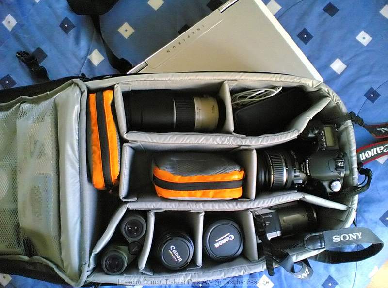 Lowepro Compu Trekker Plus AW\n\nFoto von Timo - DANKE DAFR!\n\nKommentar des Nutzers:\n\nZum Inhalt:\n\nCanon EOS 30D\nCanon 70-200 f/4 L\nCanon 100 2,8\nCanon 85-17\nCanon 10-22 \nCanon BG-E2\nCanon 430EX\nManfrotto 680B\nSony DSC-F707\nSwarowski 8x30\nDell 17" Notebook