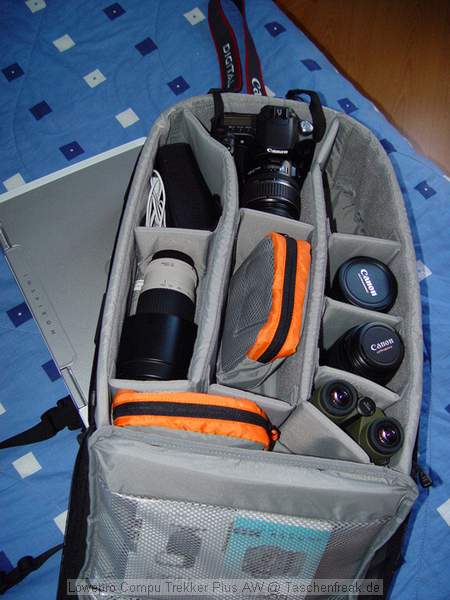 Lowepro Compu Trekker Plus AW\n\nFoto von Timo - DANKE DAFR!\n\nKommentar des Nutzers:\n\nZum Inhalt:\n\nCanon EOS 30D\nCanon 70-200 f/4 L\nCanon 100 2,8\nCanon 85-17\nCanon 10-22 \nCanon BG-E2\nCanon 430EX\nManfrotto 680B\nSony DSC-F707\nSwarowski 8x30\nDell 17" Notebook