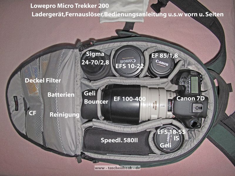 LOWEPRO MICRO TREKKER 200\n\nFoto und Text von Michael Bradtberg - VIELEN DANK!\n\nKommentar:\n\nHallo, und erst einmal vielen Dank fr die tolle Seite.\n\nZu dem Lowepro Micro Trekker 200 gibt es zwar schon viele Fotos, jedoch keins was so eine Beladung hat, ist schon sagenhaft was dieser kleine Rucksack schluckt.\n\nGru!\n\nMichael Bradtberg