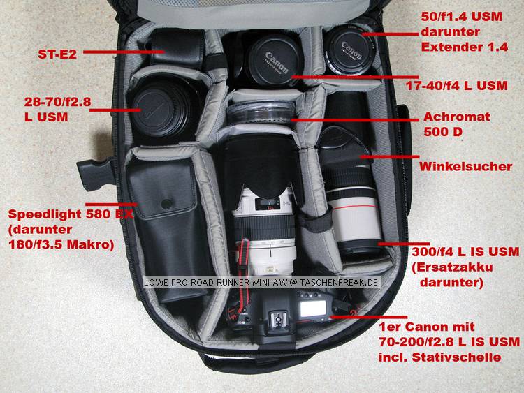 LOWE PRO ROAD RUNNER MINI AW\n\nFoto von Ingo Cordes - Vielen DANK!\n\nKommentar des Nutzers:\n\nHallo Jrg,\n\nnachdem ich mich schon mehrfach auf Deiner Seite ber Fototaschen informiert habe, mchte ich jetzt auch mal einen Beitrag leisten. Da ich u.a. einen Trolley/Rucksack habe, der noch nicht gelistet ist, schicke ich Dir ein paar Fotos zur Verwendung auf taschenfreak.de.\nViel Spa und vielen Dank fr Deine tolle Homepage!\n\nLiebe Gre\nIngo\nhttp:www.ingo-cordes.de\n\n\nBeschreibung:\n\nSeltsamerweise wird der Road Runner Mini AW nicht auf der deutschen Lowepro-Homepage gelistet. Man findet ihn aber unter lowepro.com. Er ist im Internet bei diversen deutschen Hndlern erhltlich. Preise ab 290,- Euro.\nInsgesamt ein gelungener Hybrid aus Trolley und Rucksack. Genial ist, dass das Trolleygestell auf der dem Rcken abgwandten Seite angebracht ist und beim Tragen als Rucksack nicht strt. Der Umbau vom Trolley zum Rucksack ist in wenigen Sekunden erledigt. Einfach Reiverschluss ffnen, Gurte einhacken --> fertig.\n\nAm Hftgurt des Rucksackgestells kann weiteres Slim-Lock Zubehr angebracht werden.\n\nEin Manko des Road Runners ist mit ca. 5 kg das (Leer-)Gewicht. Ich habe es stets vermieden, ihn voll bepackt auf dem Rcken zu schultern (nur in Ausnahmen). Fr die Stadt/Zoo/befestigte Wanderwege etc. ist der Trolley aber super zu gebrauchen. Fr's echte Gelnde (da funktionieren die kleinen Rollen natrlich schlecht/nicht) empfehle ich aus Gewichtsgrnden allerdings einen reinen Rucksack.\n\nBild 1:\nRoad Runner als Rucksack. Das Rucksackgeschirr kann man auch komplett entfernen.\n\nBild 2:\nRoad Runner als Trolley. Das Rucksackgeschirr verschwindet in einem extra Fach.\n\nBild 3 und 3a:\nMeine Ausrstung passt komplett rein, trotz 3 Telzooms und etlichem Kleinkram.\nEin 500er-Tele geht sicher auch (muss man halt was anderes weglassen :-)\n\nBild 4:\nAuf der linken Seite kann (nur) 1 zustzliches Slim-Lock Zubehrteil angebracht werden.\nDer Stativhalter ist i.O., bei meinem recht schweren Stativ (2,4 kg) mit groem Getriebeneiger (ca. 1 kg) aber an der Grenze. Es wackelt schon ein bisschen, weil das Stativ nur von einem zustzlichen Band gehalten wird und oben "frei schwingt".\n\nBild 5:\nDas All Weather Cover kann sowohl beim "Rucksack" als auch beim "Trolley" bergezogen werden. Durch das Loch, das man sieht, passt das Rucksackgeschirr.\n\nBild 6:\nZwei flache aber groe Auenfcher fr diversen Kleinkram und Zubehr.