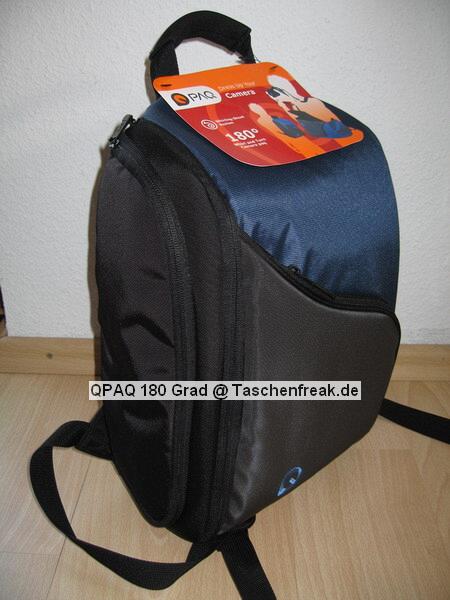 QPAQ 180 Grad\n\nFoto von Rainer Kembgler - VIELEN DANK FR DEIN MAIL!\n\nKommentar des Nutzers:\n\nHallo Jrg\n \nAnbei die Bilder meiner Qpaq Tasche aus dem Mediamarkt. \nHier noch ein paar Fakten zur Tasche:\n \n	Modellname ist mir nicht bekannt.\n	Preis 49,90 Euro\n	Innenmae: 220 x 110 x 300mm (trotzdem geht eine 400D mit BG noch gut rein)\n	Gewicht ca. 600g\n	Farbe: wie im Bild (blau/ schwarz/ grau oder nur schwarz/schwarz /grau)\n	weitere Modelle unter www.paqgroup.com\nGre aus dem sonnigen Nordschwarzwald\n \nRainer Kembgler alias onki