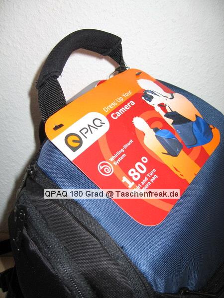 QPAQ 180 Grad\n\nFoto von Rainer Kembgler - VIELEN DANK FR DEIN MAIL!\n\nKommentar des Nutzers:\n\nHallo Jrg\n \nAnbei die Bilder meiner Qpaq Tasche aus dem Mediamarkt. \nHier noch ein paar Fakten zur Tasche:\n \n	Modellname ist mir nicht bekannt.\n	Preis 49,90 Euro\n	Innenmae: 220 x 110 x 300mm (trotzdem geht eine 400D mit BG noch gut rein)\n	Gewicht ca. 600g\n	Farbe: wie im Bild (blau/ schwarz/ grau oder nur schwarz/schwarz /grau)\n	weitere Modelle unter www.paqgroup.com\nGre aus dem sonnigen Nordschwarzwald\n \nRainer Kembgler alias onki