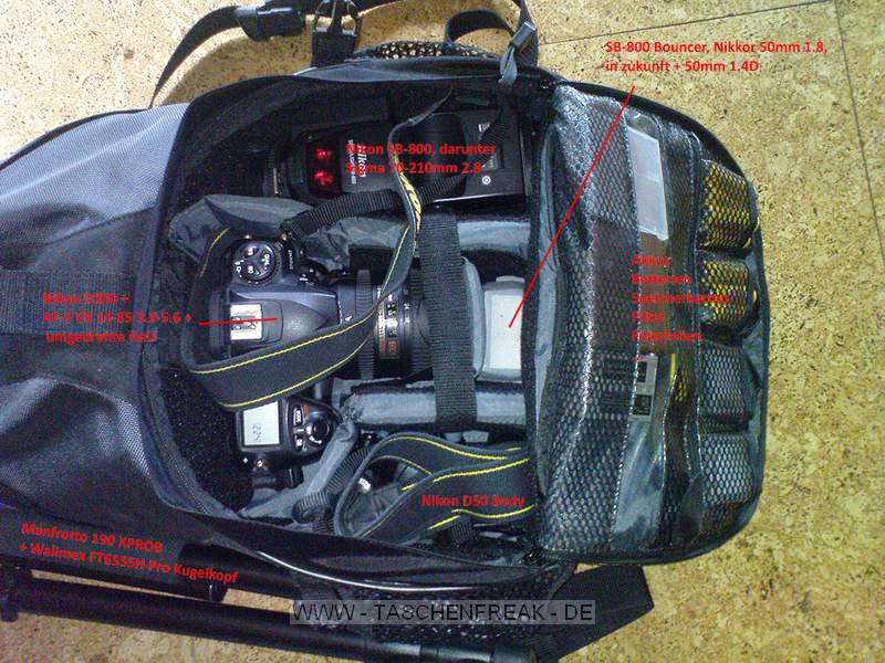 TAMRAC 5549 ADVENTURE 9\n\nFoto von Jonas Schneider - VIELEN DANK!\n\nKommentar:\n\nHallo,\n\nich m�chte gerne noch ein Bild zum Tamrac Adventure 9 einsenden.\nAuf dem Bild ist der Rucksack mit folgendem bepackt (von (auf dem Bild\ngesehen) Oben nach Unten:\nNikon SB-800, darunter Sigma 70-210mm 2.8 APO Nikon D200 mit MB-D200, angesetztem AF-S VR 16-85 3.5-5.6 und umgedrehter GeLi, rechts daneben Nikkor 50mm 1.4D, 50mm 1.8, Bouncer f�r SB-800 Nikon D50 Body. In der Netz-Aussentasche Manfrotto 190XPROB + Walimex FT6555H Pro Kugelkopf. In der Vortasche das �bliche Zubeh�r wie Filter, Akkus, Batterien,\nFilter(-Folien) etc.\n\nMit freundlichen Gr��en.