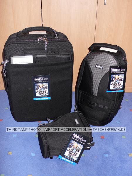 THINK TANK AIRPORT ACCELERATOR\n\nFoto von Jrg Langer - www.taschenfreak.de\n\nKommentar des Nutzers:\n\nDer eindeutig beste Rucksack den wir je in den Hngen hatten.\n\nSehr stabil.\nSehr angenehm zu tragen, trotz voller Beladung\nSehr praktikabel zu beladen\nInneneinteilung sehr flexibel gestaltbar und hoch stabil\nAbsolute Boardmae\nTragegestell verdeckbar\nHftgurt abnehmbar\nRegenschutzhlle und Stativhalterung im Lieferumfang\nNotebooktasche im Lieferumfang\nHandgriff oben und unten und an der Seite zum Tragen als "Koffer"\nTicketfach oben\nViitenkartenfach oben\n\nWir haben darin verpackt/befllt:\n\n2x DSLR mit angesetzen 300 und 70-200er\n24-70 2,8\n17-40\n50er\nTC\nZwischenringe\nBlitz\nFilter & Bouncer\nHasselblad 500CM mit 80er Objektiv\n150er Objektiv\nWechselmagazin\nGegenlichtblenden\nHandbelichtungsmesser Gossen Starlite\nFilme\nAkkus\nPanoschiene\n\nund Notebook inkl. UMTS Karte und Netzteil