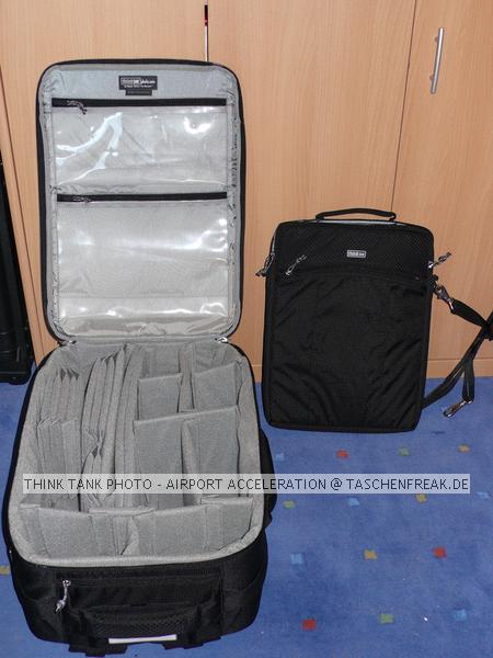 THINK TANK AIRPORT ACCELERATOR\n\nFoto von Jrg Langer - www.taschenfreak.de\n\nKommentar des Nutzers:\n\nDer eindeutig beste Rucksack den wir je in den Hngen hatten.\n\nSehr stabil.\nSehr angenehm zu tragen, trotz voller Beladung\nSehr praktikabel zu beladen\nInneneinteilung sehr flexibel gestaltbar und hoch stabil\nAbsolute Boardmae\nTragegestell verdeckbar\nHftgurt abnehmbar\nRegenschutzhlle und Stativhalterung im Lieferumfang\nNotebooktasche im Lieferumfang\nHandgriff oben und unten und an der Seite zum Tragen als "Koffer"\nTicketfach oben\nViitenkartenfach oben\n\nWir haben darin verpackt/befllt:\n\n2x DSLR mit angesetzen 300 und 70-200er\n24-70 2,8\n17-40\n50er\nTC\nZwischenringe\nBlitz\nFilter & Bouncer\nHasselblad 500CM mit 80er Objektiv\n150er Objektiv\nWechselmagazin\nGegenlichtblenden\nHandbelichtungsmesser Gossen Starlite\nFilme\nAkkus\nPanoschiene\n\nund Notebook inkl. UMTS Karte und Netzteil