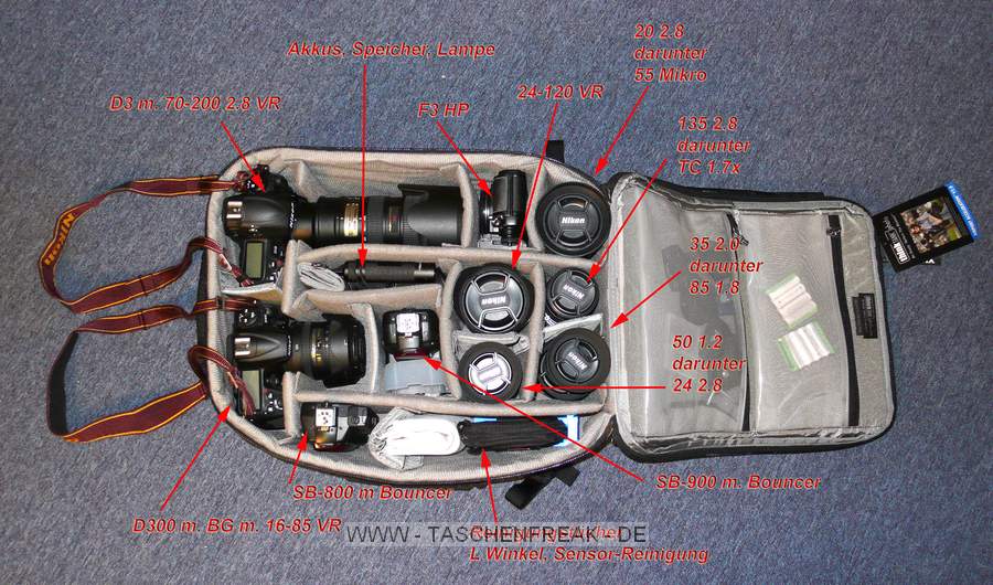 THINK TANK PHOTO - AIRPORT ACCELERATION V 2.0\n\nFoto und Text von Jrg Langer - www.taschenfreak.de\n\nKommentar:\n\nThink Tank Photo hat die nchste Runde eingeleutet. Viele Airport FotoRuckscke sind nun in der V2 erhltlich.\n\nWas ist anders? Was ist neu?\n\nIm wesentlichen ist es die Fronttasche. Whrend diese bislang aus weichem dehnbaren Stoff war sowie oben offen so ist diese nun aus sehr widerstandsfhigem Stoffmaterial gefertigt und hat eine Deckelklappe. Diese verhindert zwar nicht das Rausfallen kleiner Teile aber es rutscht nicht mehr das Notebook heraus oder die Regenjacke und die Getrnkeflaschen.\n\nDie Tasche ist gerumiger als zuvor und der Rucksack sieht trotz gefllter Fronttasche nicht mehr so "vollgepackt" aus.\n\nMeines Erachtens eine sehr gelungene Weiterentwicklung eines ohnehin sehr effizienten und gut durchdachten Fotorucksacks.\n\nIm Vergleich ist er auf einigen Bildern dem Lowepro Computrekker Plus AW gegenbergestellt.\n\nDas Ladevolumen ist beim Think Tank Airport Acceleration V 2.0 etwas hher durch die bessere Innennutzung da der Rucksack nicht unntig Volumen durch Runden und berdicke Polsterung verliert.\n\nDas Tragegefhl ist bei beiden gleichwertig auf einem guten und brauchbaren Level. \n\nKameras mit Batteriegriff oder professionelle Kameras wie Canon 1er Serie oder Nikon D2 / D3 finden hier bequem 2 nebeneinander Platz ohne das man extrem feste drcken oder schieben muss. Das ist bei den meisten Lowepro Modellen so nicht mglich oder nur mit massiven Umbaumassnahmen des Inneren.\n\nDer Beckengrut ist abnehmbar. Wenn er "dran" ist, ist er sehr funktional und nimmt das Gewicht auf den Hften/Becken auf und entlastet die Schultern deutlich. Das gesammte Tragegeschirr ist hinter einem Klettteil am Rcken zu verstecken was das Handling im Flieger und beim Checkin deutlich einfacher macht, denn wer kennt das nicht wie "schn" man mit den Tragegurten am der Lehne des Sitzes hngen bleibt whrend man gerade schwungvoll die "echten" 8 Kilo Handgepck die einem wie 19 Kilo vorkommen nach oben schwingt um das gute Stck im Kofferfach des Fliegers zu verstauen.\n\nZum Lieferumfang gehren:\n- Rucksack\n- abnehmbarer Hftgurt\n- Notebook Tasche - bis 17" Macbook Pro\n- Stativhalterung fr 3-Bein und 1-Bein\n- Regenschutzhlle\n- Stahlseil mit Zahlenschloss\n\nAlles in allem - GOOD JOB fr Think Tank Photo!!!!\n\nLiebe Gre - Euer Taschenfreak - Jrg