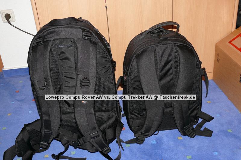 Lowepro Compu Trekker AW vs. Lowepro Compu Rover AW\n\nFoto von Jrg Langer - www.taschenfreak.de\n\nKommentar des Nutzers:\n\nHier sieht man im Vergleich zueinander die beiden Compu Modelle von Lowepro.\n\nBeide ragen in etwa das selbe an Fotoequipment. Beide haben ein Notebookdach am Rcken des Rucksacks, der beim Compu Rover etwas grer ist als beim Compu Trekker.\n\nDas Daypackfach beim Compu Rover ist deutlich grer als das Frontfach des Compu Trekkers udn ist fr Tagestouren perfekt nutzbar.\n\nDie Stativtragevorrichtung ist bei beiden Modellen nahezu identich und sehr gut funktionierend.\n\nDas Tragesystem ist beim Compu Rover wesentlich besser und auch fr grere und "breitere" Menschen deutlich bequemer als das des Compu Trekkers AW, wobei dieses auch gut mit den satten 10-15 Kilo gut umgehen kann.